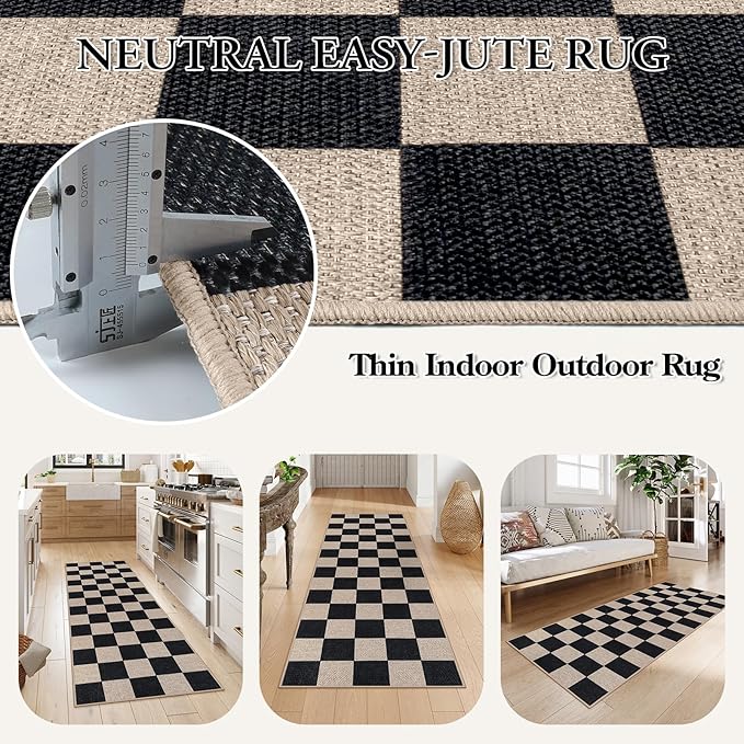 Lahome Checkered Easy Jute Runner Rug, 2x6 Kitchen Runner Rug Non Slip Washable Outdoor Carpet for Entryway Indoor, Checkerboard Black Indoor Outdoor Carpet Runners for Hallway 6ft Entry-Ruum Studio Home