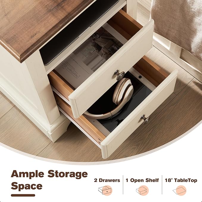 T4TREAM Nightstand with Charging Station, 18 Inch Vintage End Table with 2 Drawers, Wood Rustic Sofa Side Table with Open Storage Shelf for Bedroom, Living Room, Antique White-Ruum Studio Home