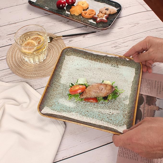 Ceramic Dinner Plates Dish Set,Set of 4,for Lunch snacks -Microwave Oven & Dishwasher Safe,Scratch Resistant,Dinnerware Kitchen Porcelain Serving Dishes,9 inch Square-Ruum Studio Home