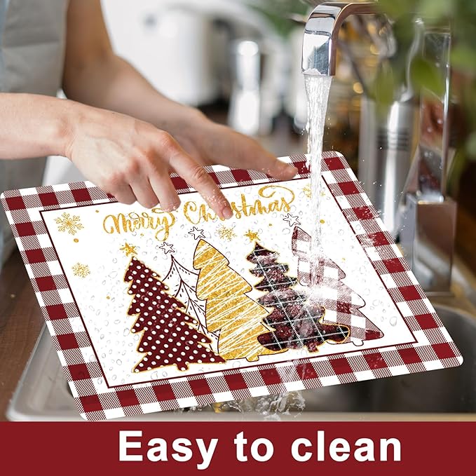 Winter Christmas Placemats Set of 6 Merry Christmas Watercolor Buffalo Plaid Plastic Table Mats Red Gold Xmas Trees Place Mat Holiday Table Decoration for Indoor Outdoor Party Kitchen Dining-Ruum Studio Home