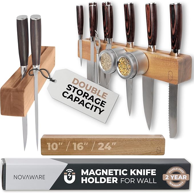 Premium 16 inch Magnetic Knife Holder for Wall with 2x Storage & Charming Wood - Knife Magnetic Strip, Under Cabinet Magnet Knives Storage - Magnet Strip Rack Kitchen Utensil Holder Organizer Tool-Ruum Studio Home