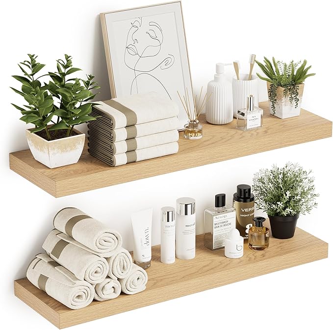 10 inches Deep Floating Shelves 36 inch Long, Large Oak Wall Shelves Heavy Duty 70 lbs for Bedroom, Bathroom, Living Room, Kitchen, Office, Modern Shelf Home Decor with Invisible Bracket-Ruum Studio Home