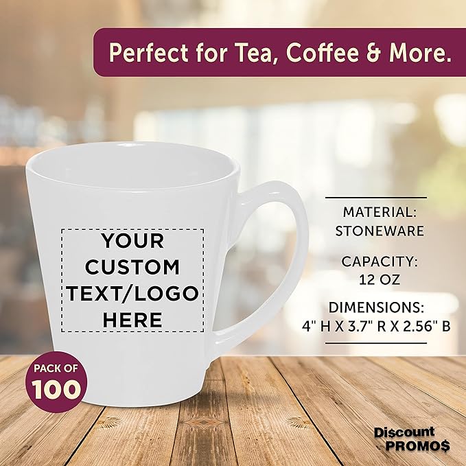 DISCOUNT PROMOS Custom Glossy Ceramic Latte Coffee Mug 12 oz. Set of 100, Personalized Bulk Pack - Perfect for Tea, Espresso, Cappuccino, Hot Cocoa - White-Ruum Studio Home