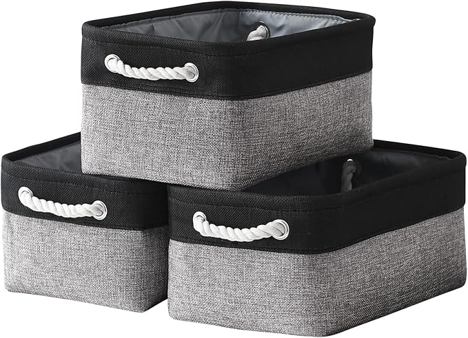TheWarmHome Storage Basket for Organizing - 14x10x7 inch Medium 3 Pack Collapsible Storage Bin for Shelves with Rope, Fabric Storage Cubes for Organizer Cloth Gift Toy Closet (Black & Grey)-Ruum Studio Home