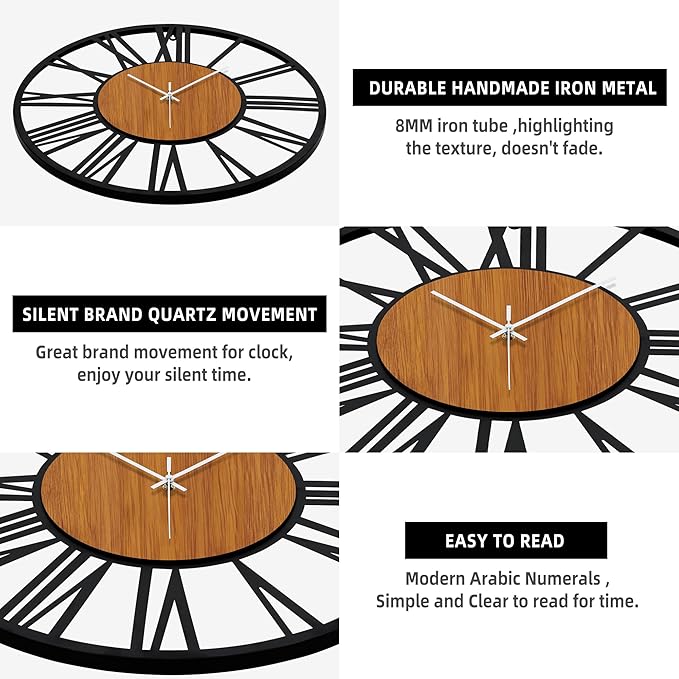 LEIKE 32" Oversized Large Wall Clocks,Silent,Non Ticking,Battery Operated Modern Round Big Wood Decorative Metal Wall Clock for Living Room, Bedroom,Kitchen,Farmhouse,Office Decor - Black,32 Inch-Ruum Studio Home