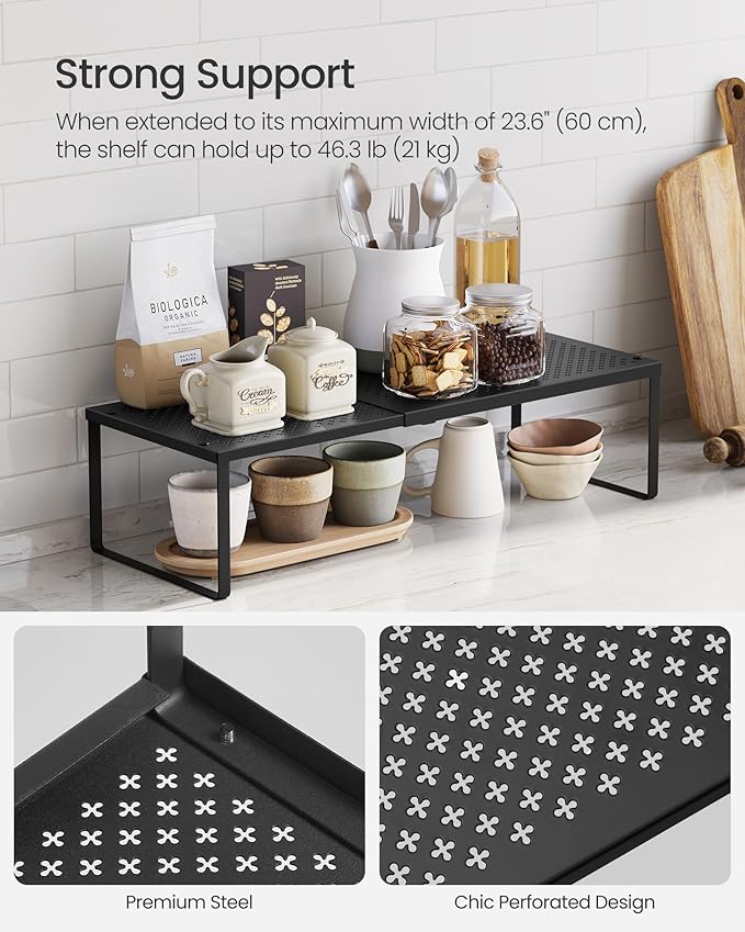 SONGMICS Spice Racks, Set of 2 Expandable Kitchen Countertop Shelves, Small Cupboard Organizers, Metal, Space-Saving Tabletop Shelves, Matte Black UKCS402B01-Ruum Studio Home