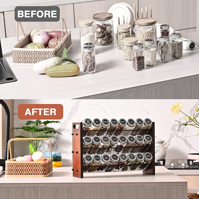 Spice Rack Organizer for Cabinet, Spice Organizer with 24 Empty Spice Jars, 180 Spice Labels, Wooden Spice Jar Organizer, Seasoning Organizer for Cabinet Kitchen, Pantry, Countertop or Wall Mount-Ruum Studio Home