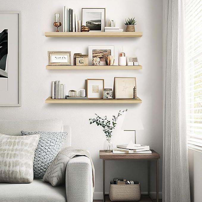Floating Wall Shelves 3-Pack - 24-Inch Rustic Wooden Shelves for Storage and Décor, Easy Installation for Living Room, Bedroom, and Kitchen-Ruum Studio Home