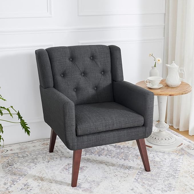 Accent Chair Button-Tufted Upholstered Living Room Chairs Comfy Reading Chair Mid Century Modern Chair with Linen Fabric Lounge Arm Chairs for Living Room Bedroom (Grey Set of 2)-Ruum Studio Home