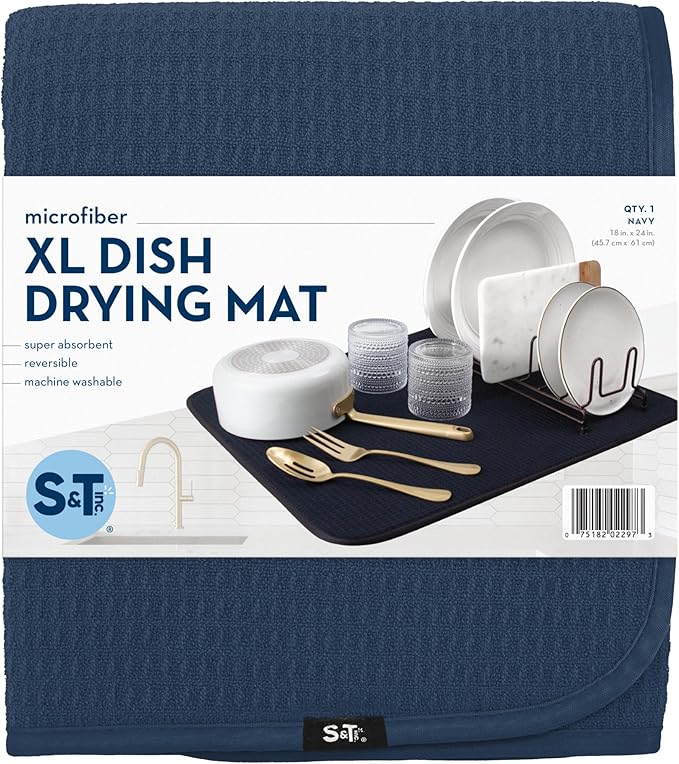 S&T INC. Dish Drying Mat XL, 18” x 24”, Absorbent Microfiber Kitchen Counter Mat, Dish Drying Pad for Dishes, Utensils, Pots and Pans, Extra Large, Navy-Ruum Studio Home