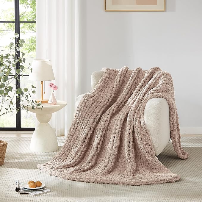 L'AGRATY Chunky Knit Blanket Throw: 72''x84'' Chenille Chunky Knitted Throw Blankets for Bed Couch - Handmade Thick Big Cable Knit Blanket - Large Crochet Rope Blankets for Home Decor(Light Taupe)-Ruum Studio Home