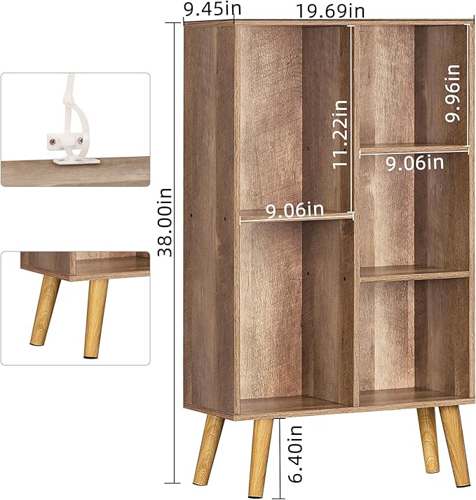 5 Cube Small Bookshelf,3 Tier Mid-Century Modern Bookcase with Legs,Wood Kids Bookshelves Storage Organizer Shelf,Free Standing Narrow Book Shelves,Oak Grey Corner Bookcases for Bedroom,Living Room-Ruum Studio Home