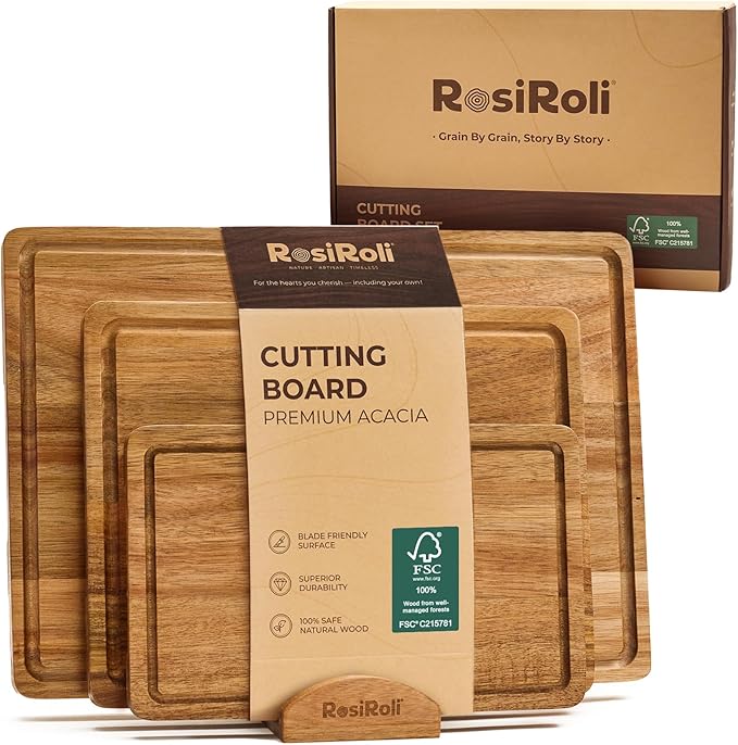 Acacia Wood Cutting Board for Kitchen, 3 Set with Holder - FSC Certified Large Wood Charcuterie Cheese Board with Handles and Juice Grooves, Wooden Chopping Block, Ideal Gift Set of 3 (S/M/L)-Ruum Studio Home
