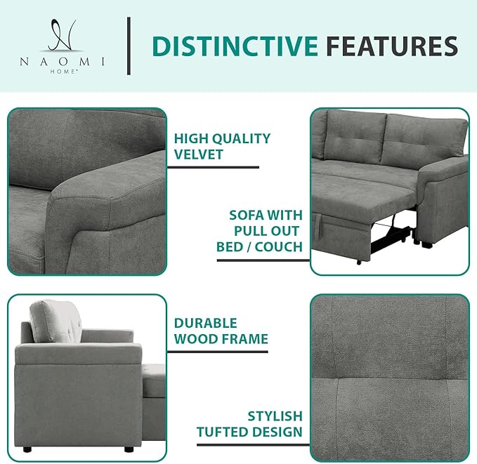 Naomi Home L-Shaped Reversible Sectional Sofa with Pull-Out Sleeper Bed and Storage Chaise, Gray Velvet-Ruum Studio Home
