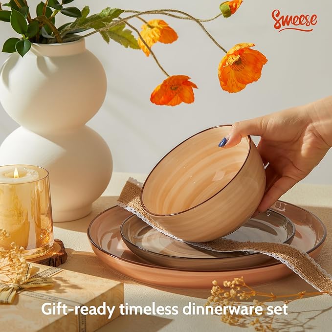 Sweese Plates and Bowls Sets, 18 Piece Dinnerware Set Porcelain Round Dinner Set for 6, Scratch Resistant Dishes Set, Dishwasher and Oven Microwave Safe Handpainted Swirl Dishware Sets, Neutral-Ruum Studio Home