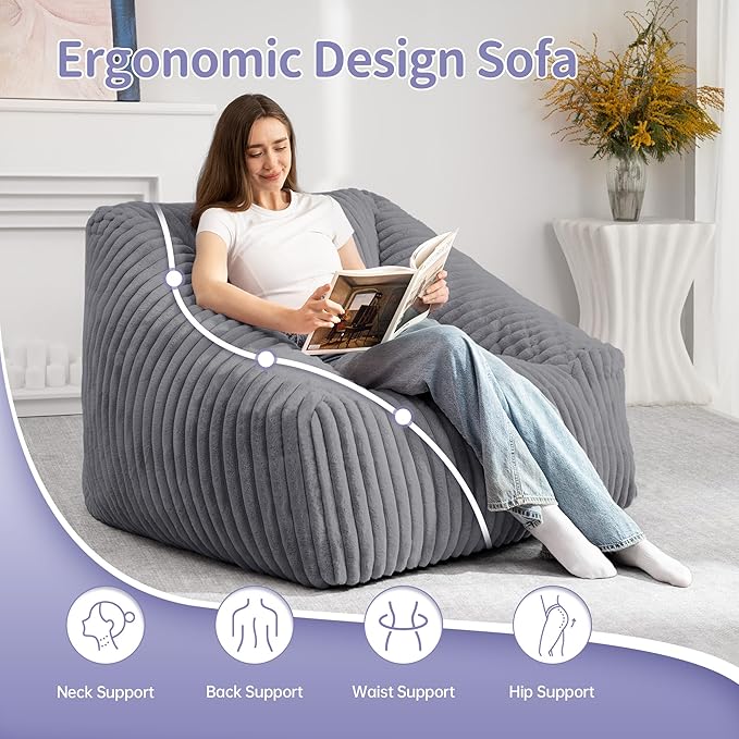 HABUTWAY Bean Bag Chair, Giant Bean Bag Chairs for Adults and Kids, Bean Bag Sofa, Lazy Floor Sofa, Faux Fur Beanbag Chair with Armrests for Living Room Bedroom (Grey)-Ruum Studio Home