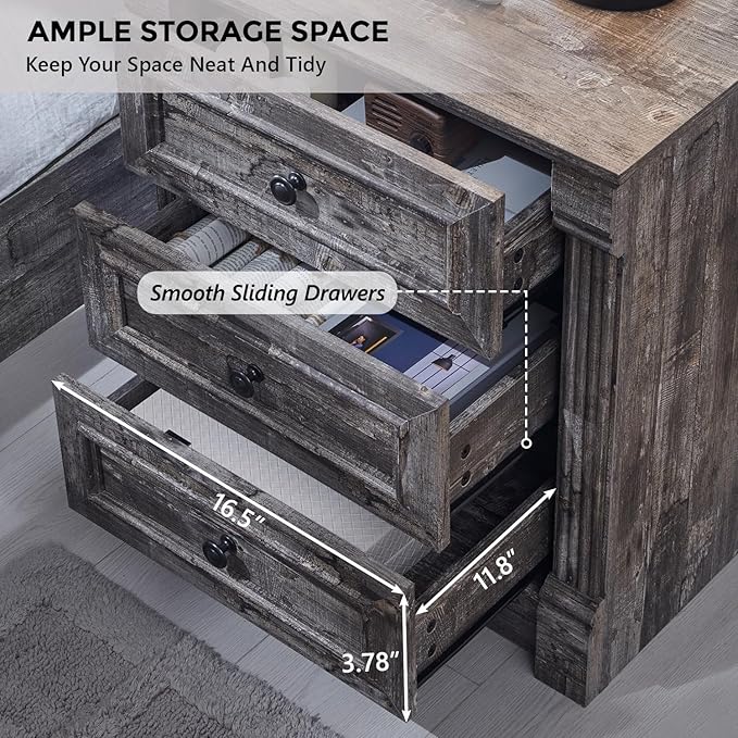 26" Tall Farmhouse Nightstand, 3 Drawers End Table w/Charging Station, 23.6" Wide Large Side Table w/Roman Column, Wood Rustic Sofa Table for Bedroom, Light Gray-Ruum Studio Home