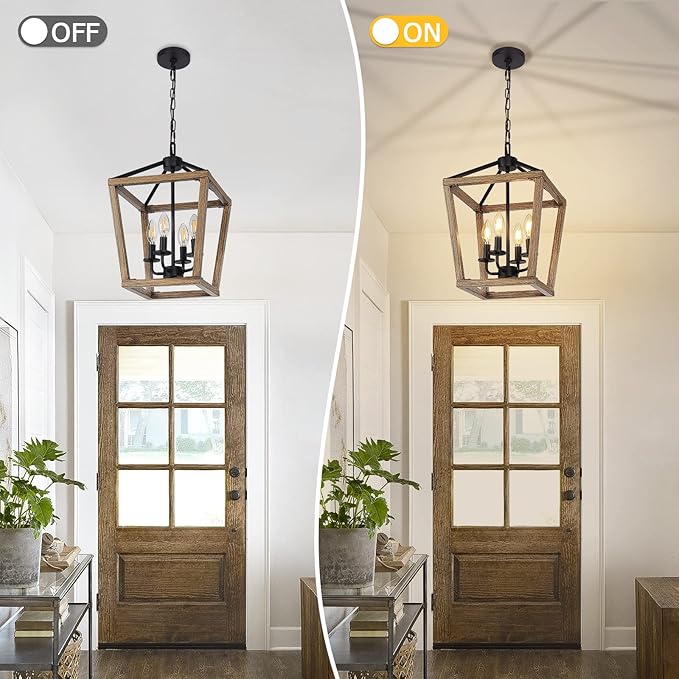 4 Light Farmhouse Chandelier, Rustic Ceiling Light Lantern Light Fixture with Wood Painted Metal Cage and Adjustable Chain, E12 Base Geometric Hanging Light Fixture for Entryway, Kitchen, Indoor-Ruum Studio Home