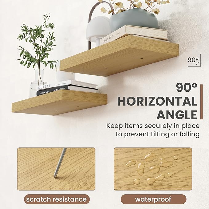 16 Inch Floating Shelves, 8 Inch Deep Floating Shelves for Wall, Hanging Shelf with Invisible Brackets, Deep Shelves for Bathroom, Bedroom, Living Room, Oak, Set of 2-Ruum Studio Home