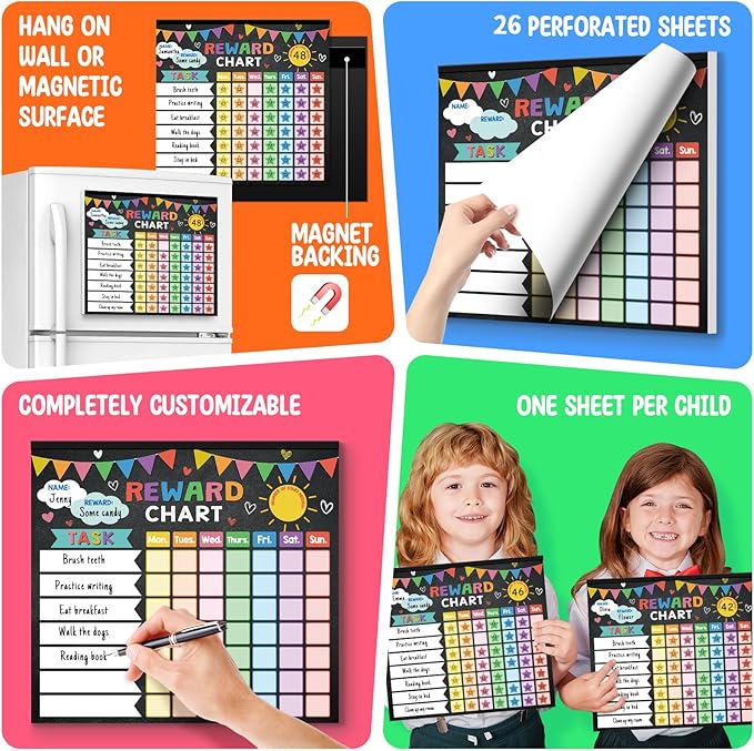 Reward Chart for Kids,Magnetic Behavior Chore Chart for Kids at Home,26 Black Chore Charts,1960 Star Stickers,56 Reward Stickers,Incentive Chore Chart to Develop Responsibility and Good Habits-Ruum Studio Home