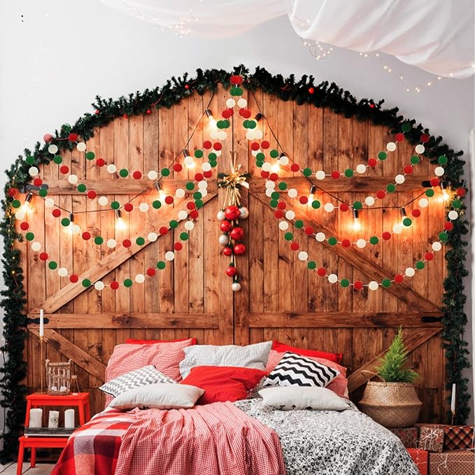 Jishi Christmas Pom Pom Garland Christmas Decorations for Tree Indoor Home Room Decor 3pk Cute Hanging Felt Ball Red White Green Pompom Bead Ornament String Banner Garland Xmas Birthday Party Supplies-Ruum Studio Home