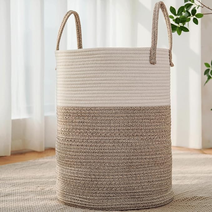 Large Woven Laundry Basket Hamper,80L Cotton Rope Storage Bin for Blankets,Toys and Clothes,Decorative Tall Nursery Hamper for Living Room,Baby Nursery,Bathroom and Bedroom,Brown-Ruum Studio Home