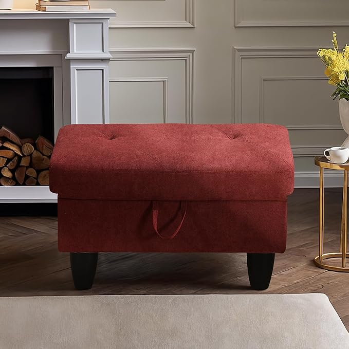 Ottoman Rectangular Storage Ottoman Bench, Flannel Footrest Stool Footstool with Lid for Living Room, Bedroom, Entryway, Red, 28.5"x19"x17.5"-Ruum Studio Home