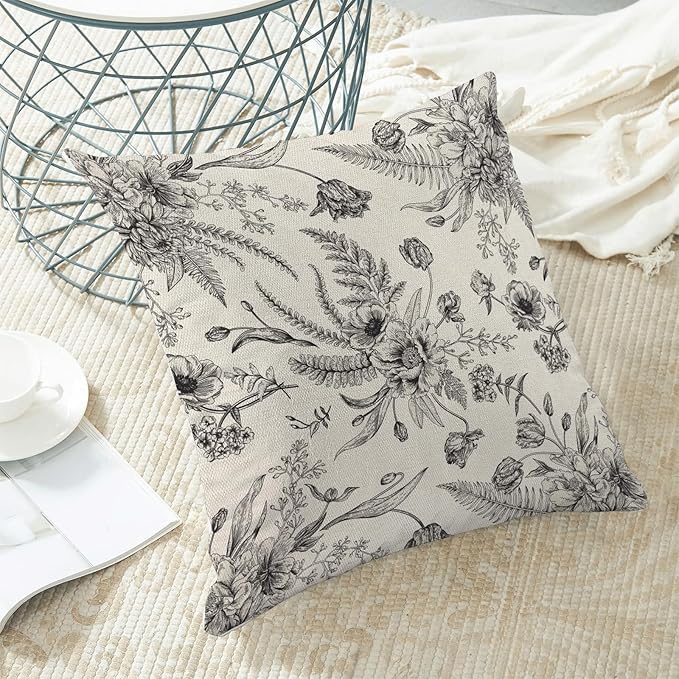 CXMEIFLY Spring Floral Leaves Pillow Covers 18 x 18 Inch Set of 2 for Chinoiserie Flowers Decor Throw Pillows Black and White Seasonal Plant Outdoor Decorative Cushion Cases for Couch Bed Decorations-Ruum Studio Home