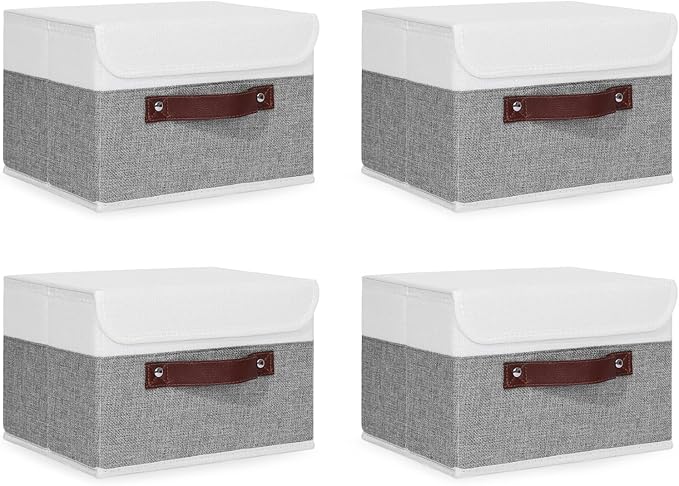 ANMINY 4PCS Storage Boxes with Lid Washable Decorative Storage Bins Basket with PU Leather Handle Foldable Linen Fabric Storage Cubes Containers for Home Closet Organizer - Gray White, Small Size-Ruum Studio Home