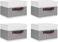 ANMINY 4PCS Storage Boxes with Lid Washable Decorative Storage Bins Basket with PU Leather Handle Foldable Linen Fabric Storage Cubes Containers for Home Closet Organizer - Gray White, Small Size-Ruum Studio Home