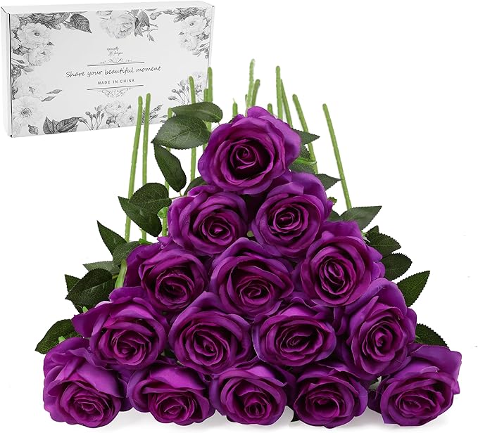 Purple Fake Roses Artificial Flowers - 16 Pcs Fake Artificial Roses Silk Flowers with Stems for Home Wedding Hotel Office Centerpiece Decor-Ruum Studio Home
