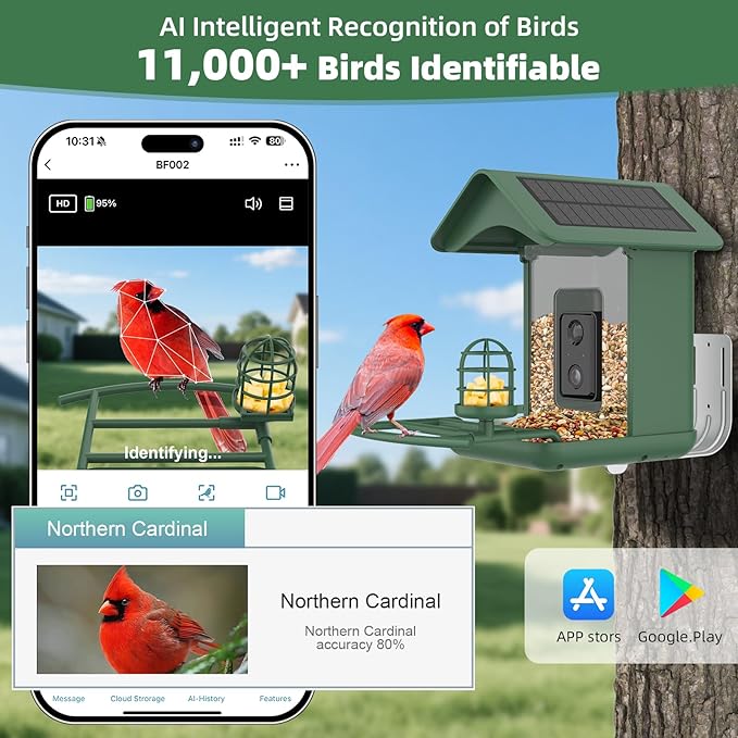 Smart Bird Feeder with Camera, AI Species Identify, Dual Solar Powered Birdfeeder Cam for Outside IP65 with 2.4GHz WiFi, 2K HD Auto Capture Birds Video for Bird Lover (Green)-Ruum Studio Home