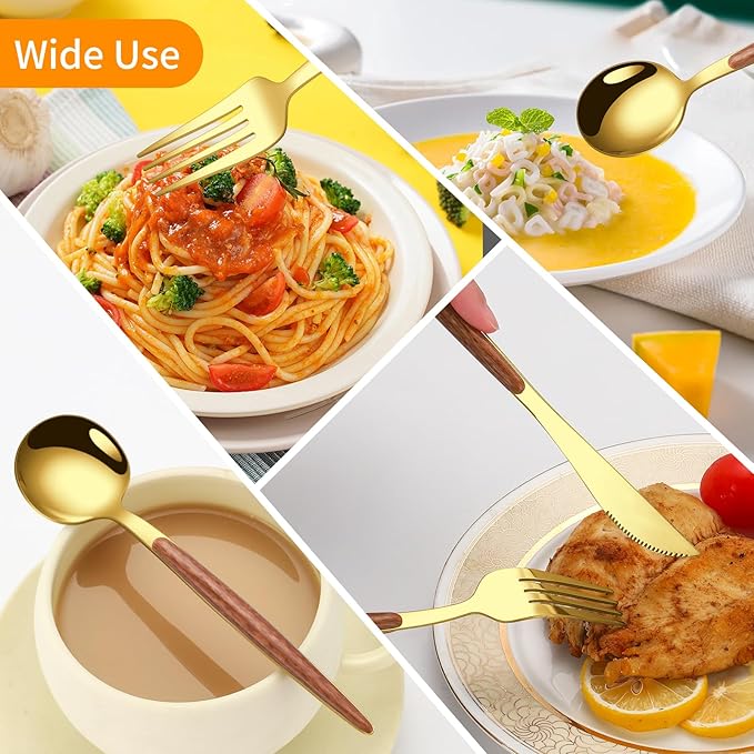 16 Pcs Gold Silverware Set with Simulated Wooden Handle for 4,Stainless Steel Cutlery Set,Mirror Polished Tableware Utensils Flatware Set,Include Knives Spoons and Forks set,Dishwasher Safe-Ruum Studio Home