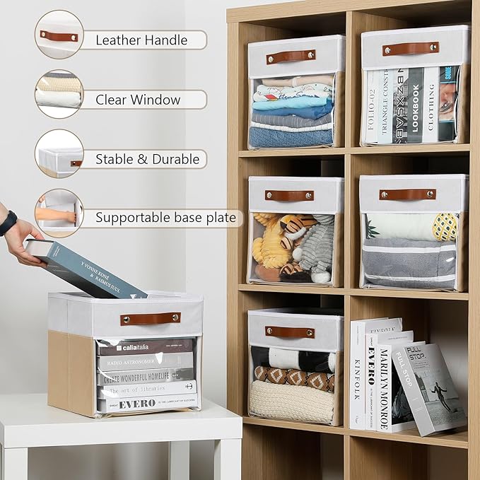 HNZIGE 11 Inch Foldable Fabric Storage Cubes - Clear Bins for Shelves, Canvas Cube Organizer Bins (White Beige 6 PCS)-Ruum Studio Home