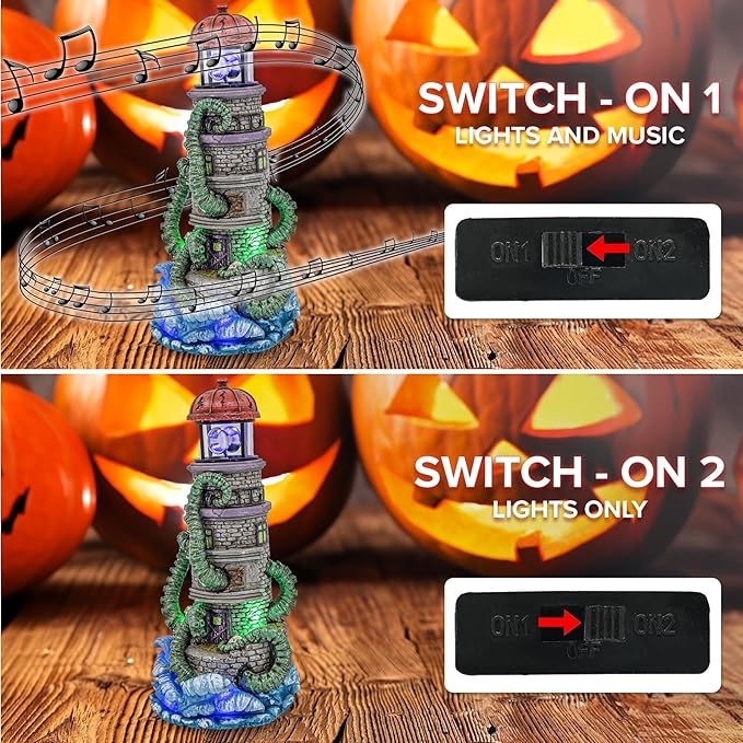 Lighthouse Attack Kraken Theme Spooky Halloween Village Multi-Color LED Lights, Animated Rotating Food Light and Music 6" x 5.5" x 12"-Ruum Studio Home