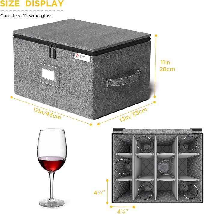 YearningHome Wine Glass Storage Box with Dividers,Hard Shell and Stackable Stemware Storage Containers with Sturdy Handle for Glassware Crystal Storage and Transport,Grey,Holds 12-Ruum Studio Home