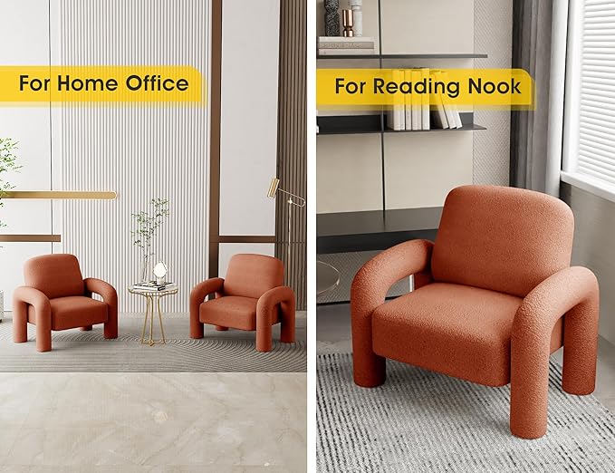 Modern Sherpa Accent Chair, Teddy Upholstered Arm Single Sofa, Cozy Fluffy Reading Chair for Living Room, Bedrooms, Corner (Orange)-Ruum Studio Home
