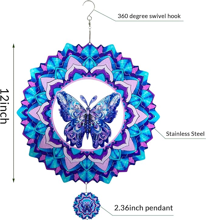 Butterfly Wind Spinner,Hanging Wind Spinners Outdoor for Garden Decoration，12 inch 3D Stainless Steel Wind Sculpture for Indoor/Outdoor Decor-Ruum Studio Home