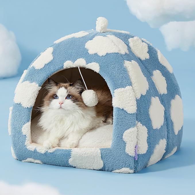Lesure Cute Cat Beds for Indoor Cats - 2 in 1 Large Cat Cave Bed for Puppy and Small Dog with Removable Washable Cushioned Pillow, Cozy Kitten Tent with Non-Slip Bottom, Blue, 17.3 inches-Ruum Studio Home