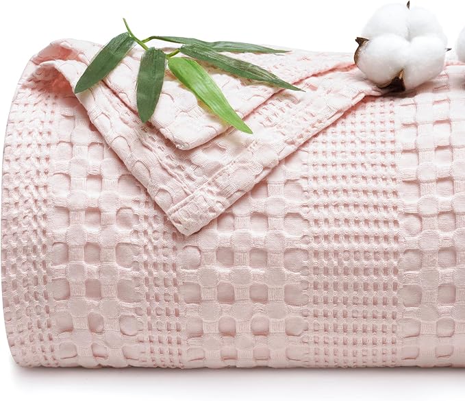 PHF Cooling Waffle Blanket King Size, Lightweight 60% Rayon Derived from Bamboo & 40% Cotton Breathable Blanket for Hot Sleepers, Soft and Luxury for Bed Couch and Sofa, 104"x90", Pink-Ruum Studio Home