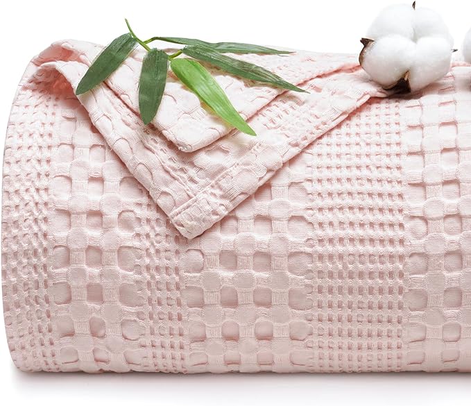 PHF Cooling Waffle Blanket Queen Size, Lightweight 60% Rayon Derived from Bamboo & 40% Cotton Breathable Blanket for Hot Sleepers, Soft and Luxury for Bed Couch and Sofa, 90"x90", Pink-Ruum Studio Home