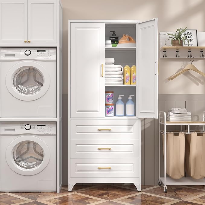 75" Kitchen Pantry Cabinet with 3 Drawer,Metal Storage Cabinets with Doors and 4 Adjustable Shelves,White Kitchen Cabinet with 2 Gold Handles,Food Cupboard for Livingroom,Pantry, Bathroom-Ruum Studio Home
