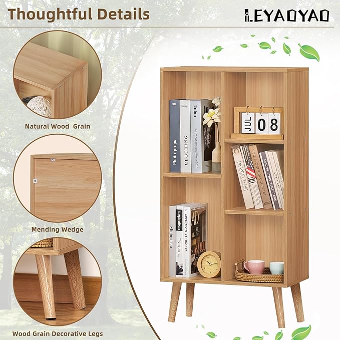 LEYAOYAO Wooden 5 Cube Bookshelf, Natural 3 Tier Book Shelf with Legs, Modern Open Storage Organizer,Boho Bookcase,Display Cabinet Shelf Free Standing Bookshelves for Bedroom,Living Room,Study-Ruum Studio Home