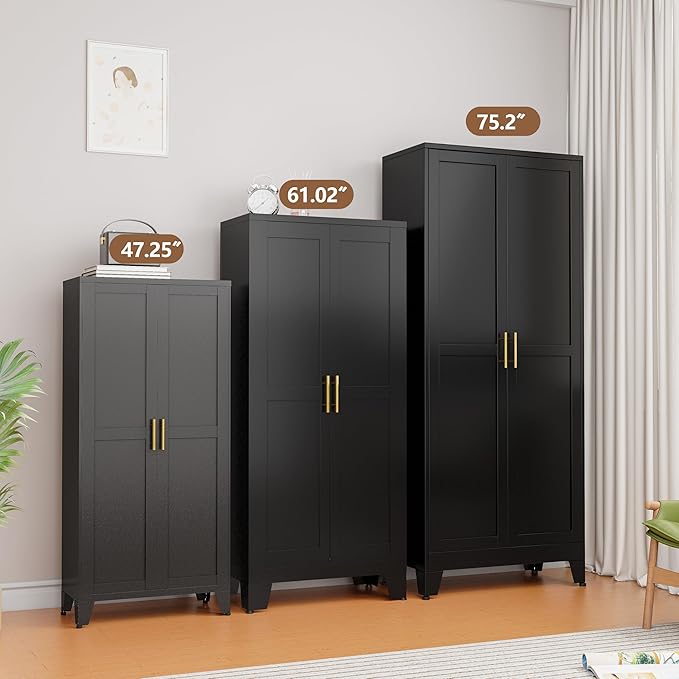 Metal Kitchen Pantry Storage Cabinet with 2 Doors and 3 Adjustable Shelves,Pantry Cabinet with Adjustable Leveling Foot for Kitchen, Living Room, Dining Room（Black）-Ruum Studio Home