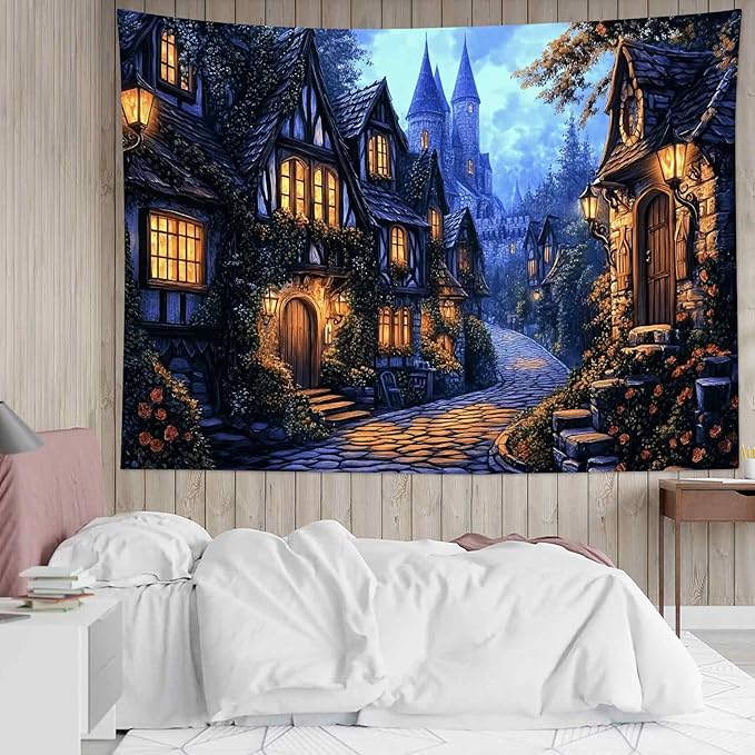 LB Vintage Castle Tapestry, Night Street Old House and Green Tree Wall Tapestry for Bedroom Aesthetic, Village Gothic Wall Art for Living Room Dorm Home Decor Ready to Hanging, 80 x 60 Inches-Ruum Studio Home