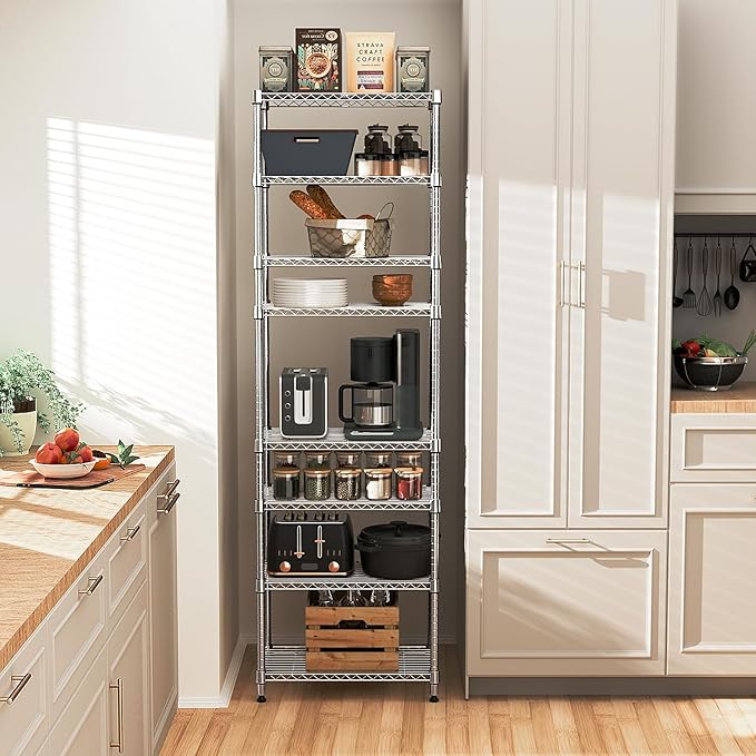 8 Tier 2000 lbs Storage Rack Metal Wire Shelving Unit, Storage Standing Shelf Organizer for Laundry Bathroom Kitchen Pantry Closet Garage Utility Room, Chrome 13.8" D x 23.6" W x 79.5" H-Ruum Studio Home