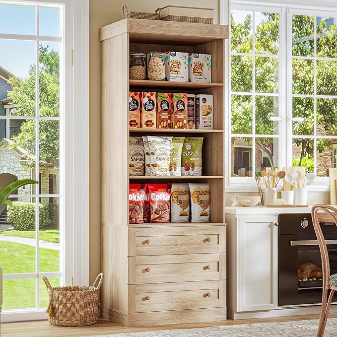 Vyre 71" Tall Farmhouse Bookshelves with Drawers, Set of 2 – Large Modular Bookcase with Adjustable Shelves, Storage Cabinet for Living Room, Kitchen, Home Office, Brown-Ruum Studio Home