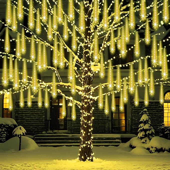 Outdoor Meteor Shower Christmas Lights 24-Tube 576LEDs Shooting Star Waterfall Meteor Shower Falling Rain Light for Christmas Tree Decorations Wedding Party Holiday Garden, UL Plug Warm White-Ruum Studio Home