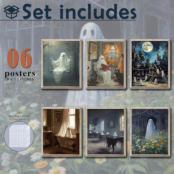 LANCHI95 6 Pcs 8x10in Halloween Wall Art Prints, Vintage Posters, Cute Ghost Pictures for Bedroom Decor (UNFRAMED)-Ruum Studio Home