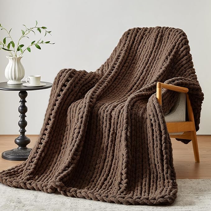 Chunky Knit Throw Blanket, 30''*40'' Knitted Throw Chenille Yarn for Bed Couch, Handmade Dark Brown Crochet Big Thick Blanket, Machine Washable Cute Comfy Blanket for Home Decor-Ruum Studio Home
